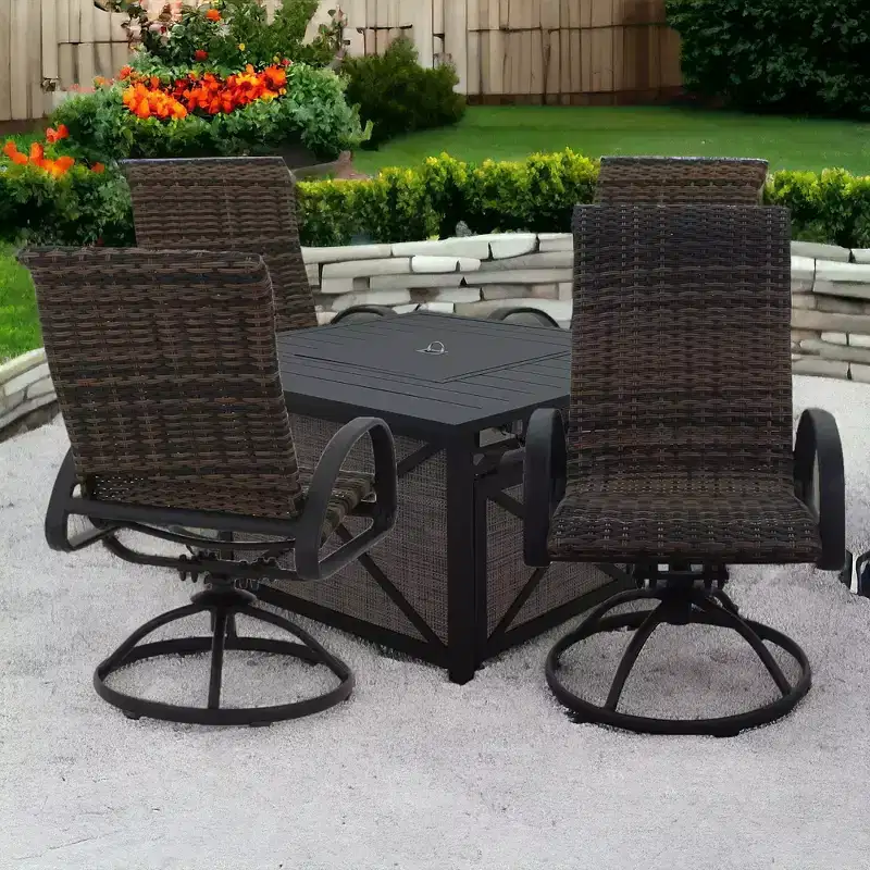 Courtyard Casual Santa Fe 5 pc Square Fire Pit Set with Wicker Swivel Rockers Includes One Square Fire Pit and Four Swivel Rockers with Wicker Seats