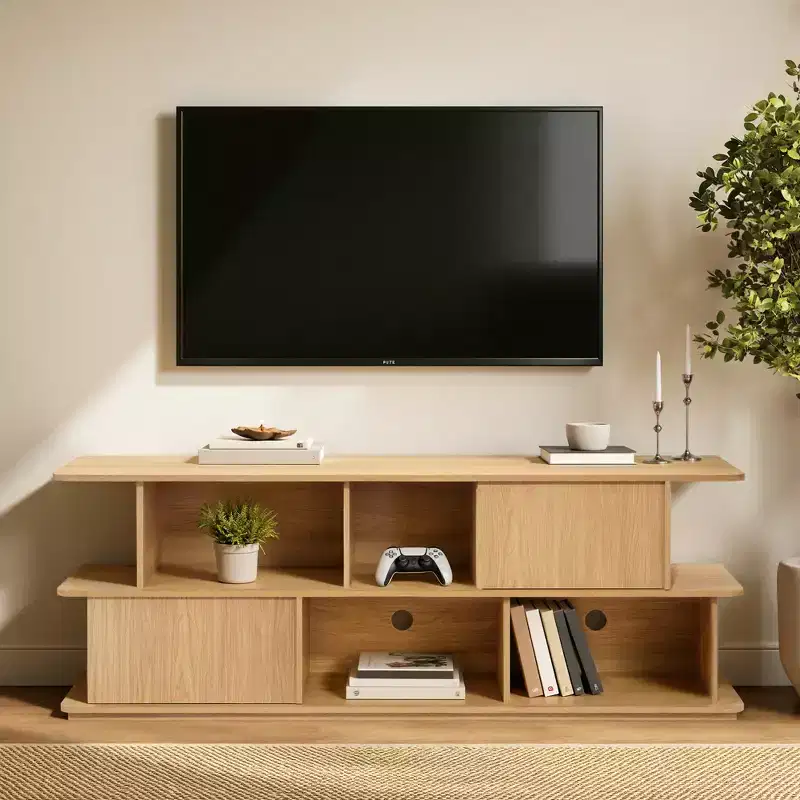 Compact 2-Layer TV Stand, Mixed Storage Console with Cabinets and Open Shelves Brown