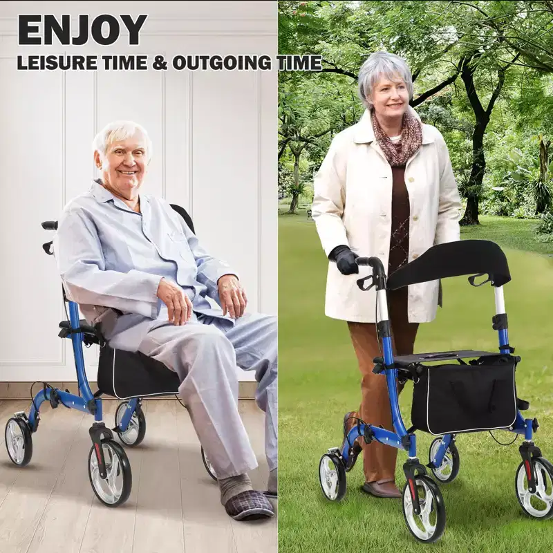 All Terrain Rollator Walker with Seat, Backrest, Handles, Walker for Seniors, 12 Rubber Wheels Foldable Lightweight Aluminum Walkers