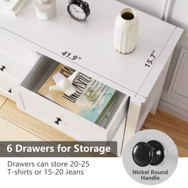 GustoWave 6 Drawer Dresser, Modern Chest of Drawers with Round Handle and Sturdy Leg
