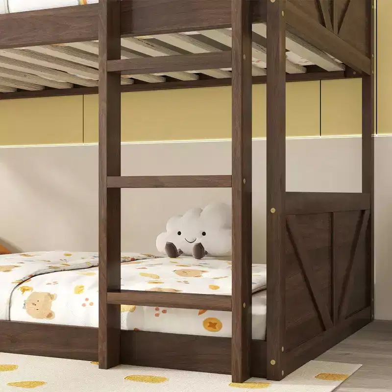 Okak Twin over Twin Floor Bunk Bed with Rubber Wood Frame, Toddler Bunk Beds with Panelled Headboard and Footboard, Bed Frames for Bedroom