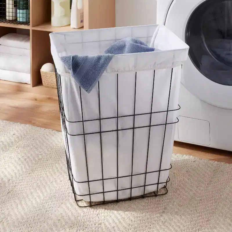 Rectangle Wire Laundry Hamper with Fabric Liner – Black Iron, 7000 cu in, No Assembly