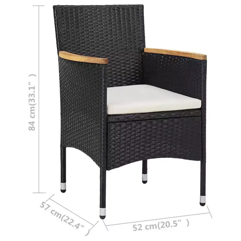 vidaXL 2 pcs Modern Patio Dining Chairs in Durable Black Poly Rattan with Acacia Wood Armrests and Removable, Washable Cushion Covers