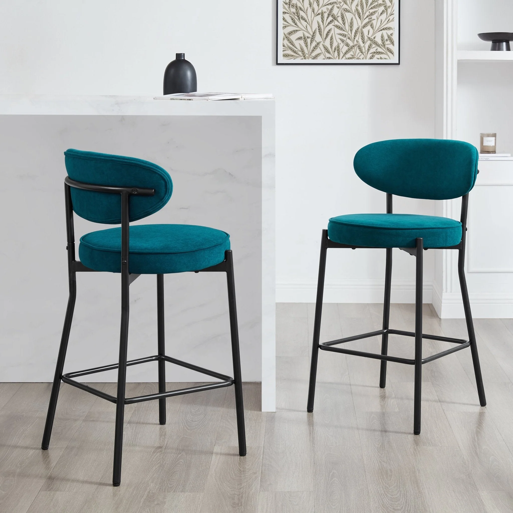 Contemporary Teal Matte Velvet Barstool with Rounded Back for Kitchen