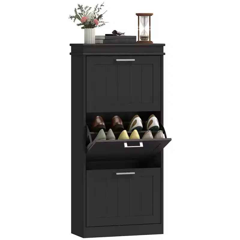 HOMCOM Shoe Cabinet for Entryway, Narrow Shoe Rack Storage Organizer with Flip Drawers and Adjustable Shelves for Shoes