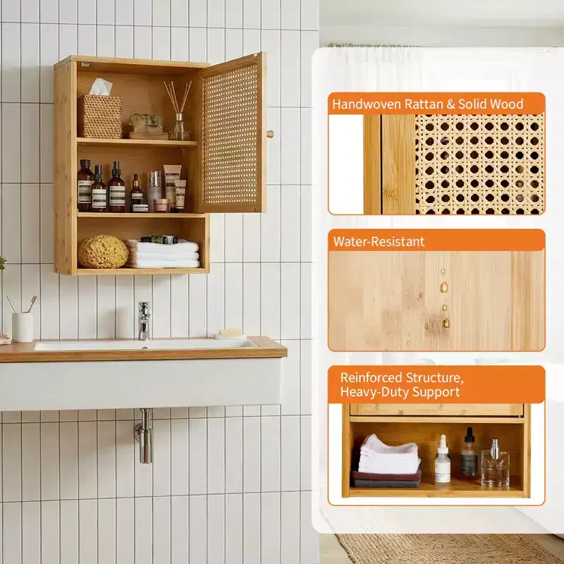 Wall Mount Bamboo Storage Cabinet with Rattan Doors – Adjustable Shelf for Bedroom, Kitchen & Laundry