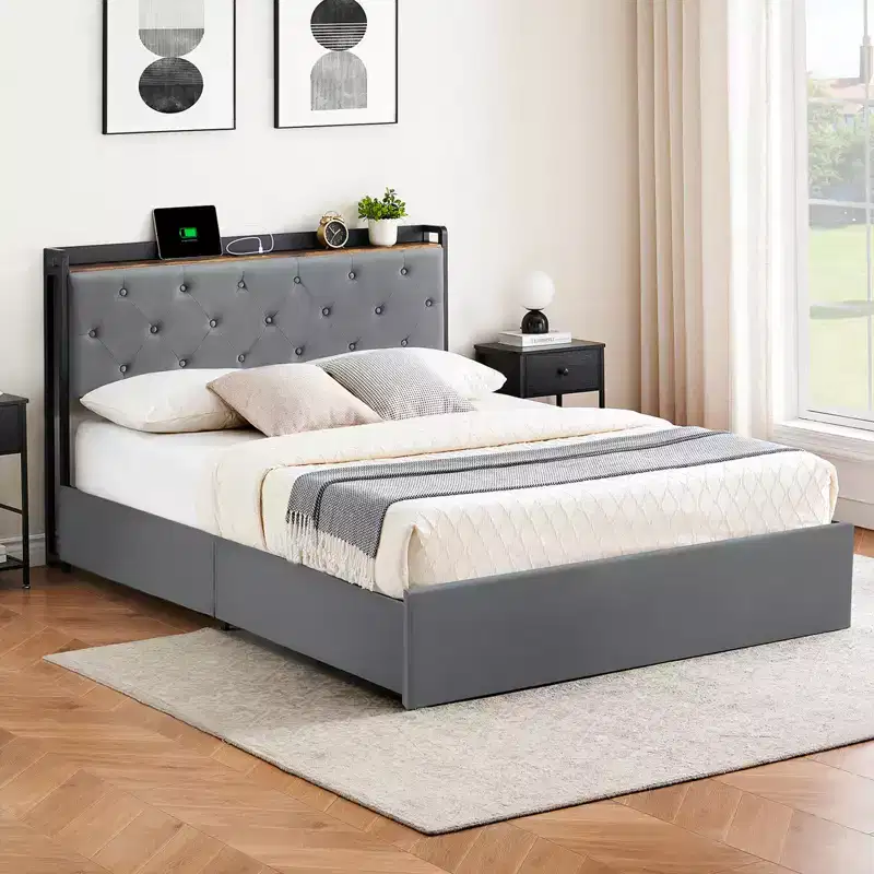 Full-size velvet bed frame with four storage drawers and USB charging station, suitable for the bedroom.