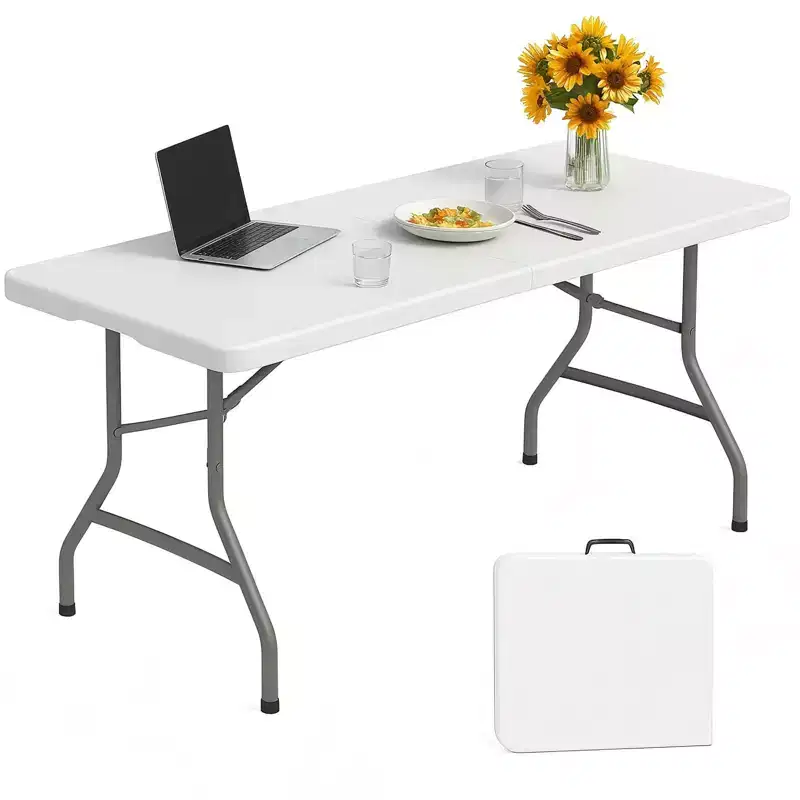 6 Foot Portable Folding Table HDPE Indoor Outdoor Powder-Coated Steel Legs Seats 8 White