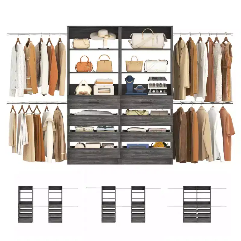 Besiost Closet System with 8 Wooden Drawers and 4 Hanging Rods