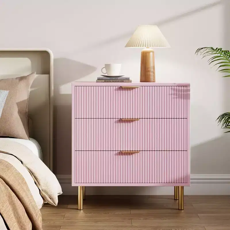 COZONY Pink 3 Drawer Dresser for Bedroom, Modern Wood Chest of Drawers with Gold Handles, Storage Organizer Cabinet for Living Room, Hallway