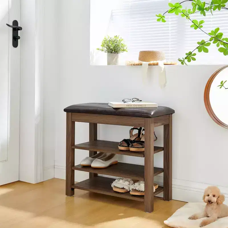 Wood Faux Leather Upholstered Shoe Rack Bench