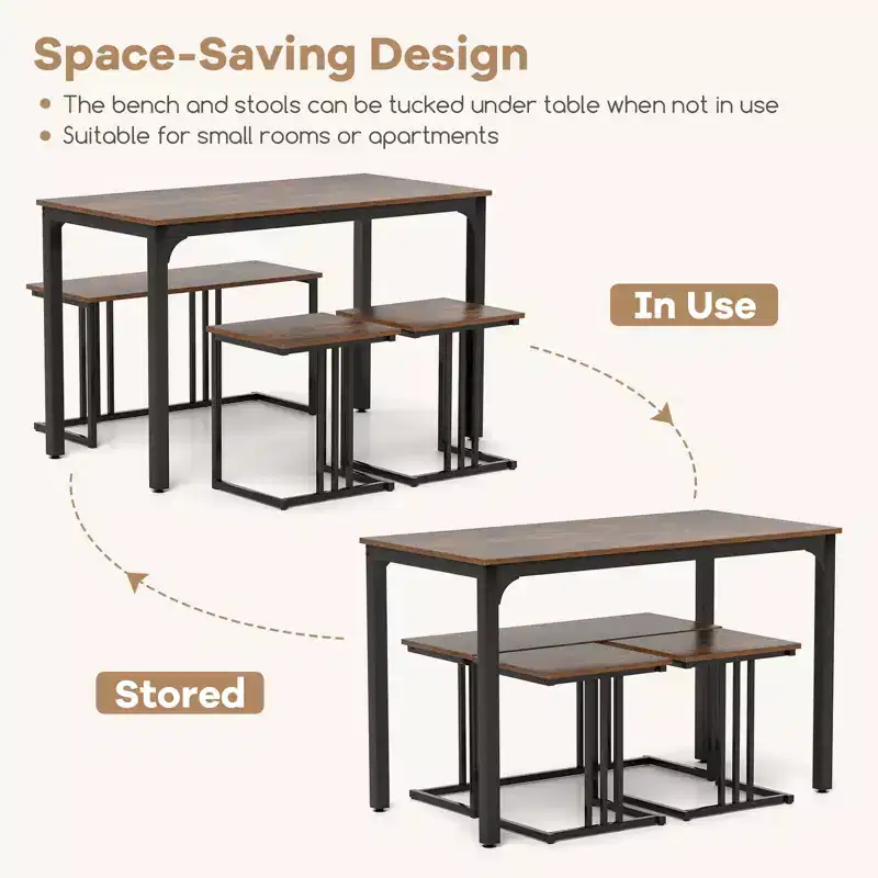 Costway 4-Piece Dining Table Set Industrial Kitchen Table Set w/ Bench & 2 Stools