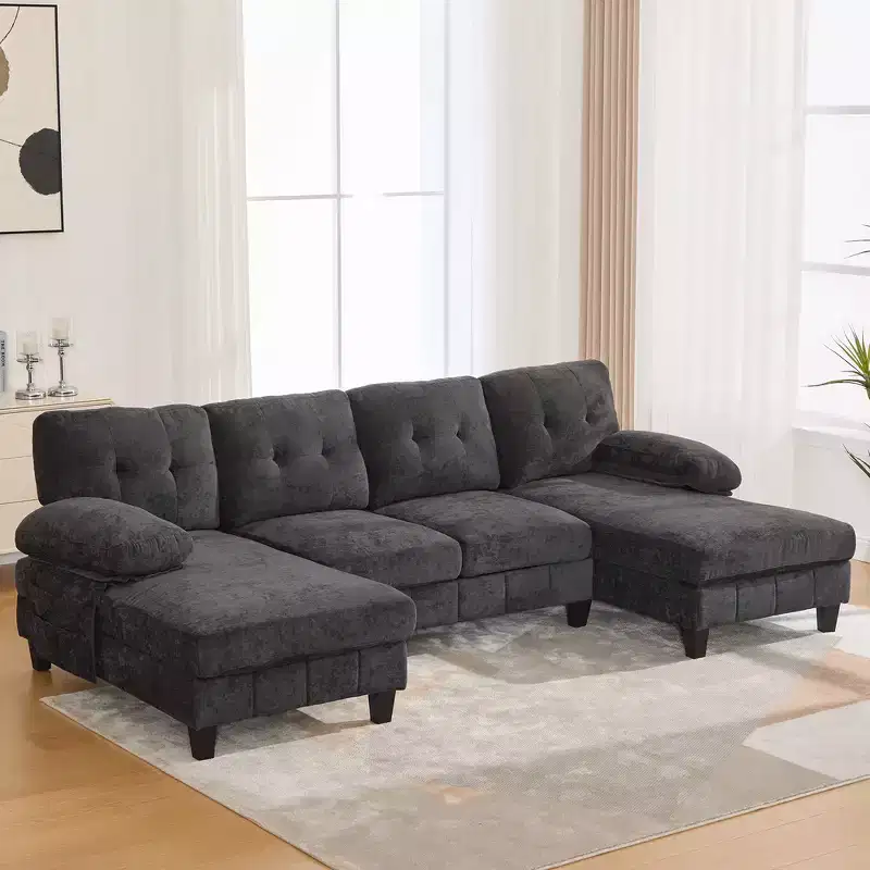 Chenille U-shaped Sectional Sofa with Dual Chaise Lounges, Storage Pockets and Armrest Pillows
