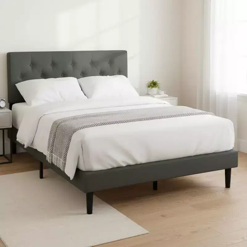 Homy Casa Twin Upholstered Platform Bed with Wood Slat Mattress Support