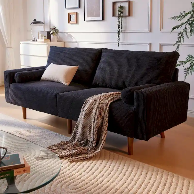 Mid-Century Modern Upholstered Sofa Couch with Rolled Pillows