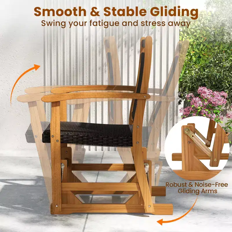 Costway Patio Rattan Glider Chair w/ Acacia Wood Frame & Wicker Seat Back Armrests