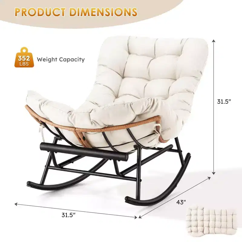 Oversized Rattan Rocking Chair, Extendable Footrest, Sturdy Metal Frame, Comfortable Reclining Lounge Chair for Porch, Lawn, Garden, Bedroom