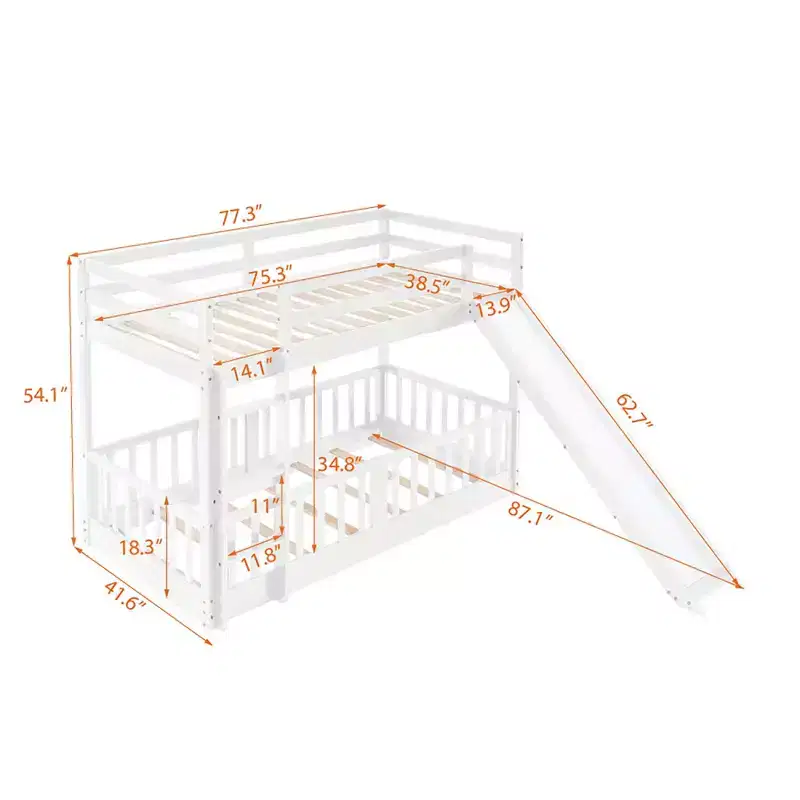 Twin Over Twin Bunk Bed with Slide and Ladder, White