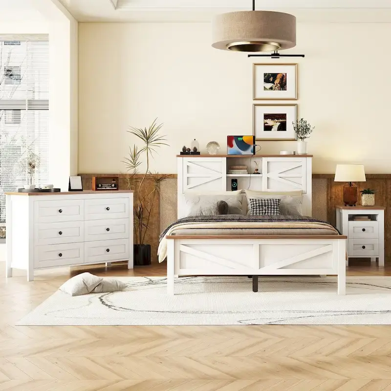 3-Pieces Bedroom Sets Queen Size Platform Bed with Storage Nightstand and Dresser