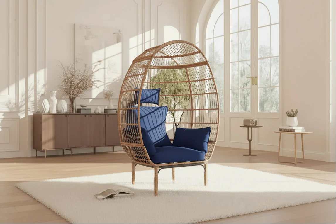 Oversized Wicker Egg Chair 500LBS, All-Weather Rattan Hanging Lounge Chair with 5 Cushions, Indoor Outdoor Patio Egg Chair for Backyard
