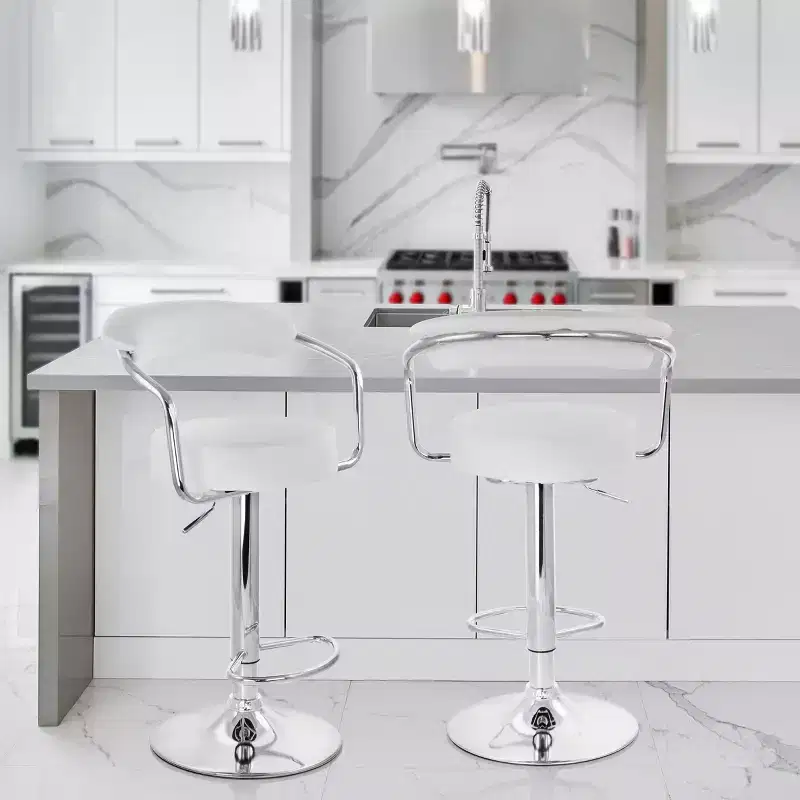 Faux Leather Retro Adjustable Bar Stool in White with Chrome Handles and Base