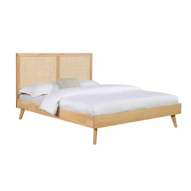Boho Queen Platform Bed - Natural Finish, Rattan Cane Headboard