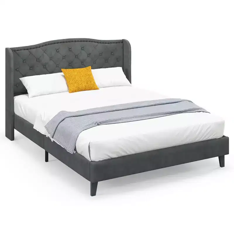 Costway Queen Upholstered Platform Bed Frame w/ Button Tufted Headboard Noise-free