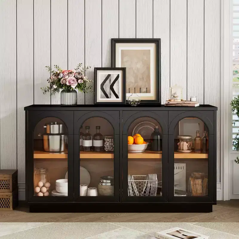 GDFStudio Henley 4-Door Buffet Cabinet with Arched Glass Doors and Adjustable Shelves