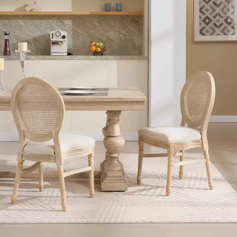 2 French Rustic Upholstered Dining Chairs with Round Rattan Back, Farmhouse Solid Wood Armless Kitchen Chairs for Dining Room