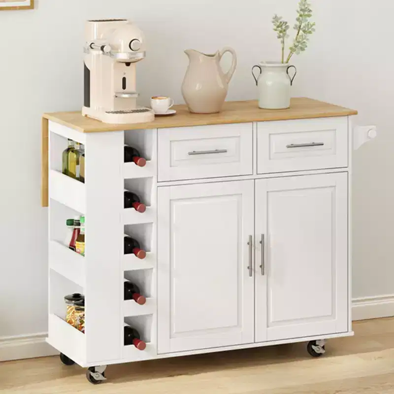 Multi-Functional Kitchen Island with 2 Door Cabinet and 2 Drawers, Kitchen Cart with Spice Rack, Towel Holder and Foldable Wooden Top, White