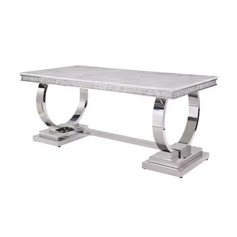 Faux Marble Top Rectangular Dining Table with Silver Pedestal Base, Seats 6, White