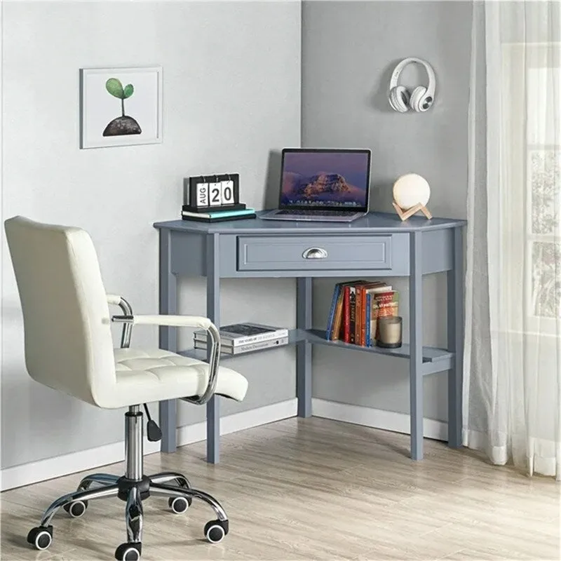 Pine & MDF Corner Writing Desk with Drawer and Shelves