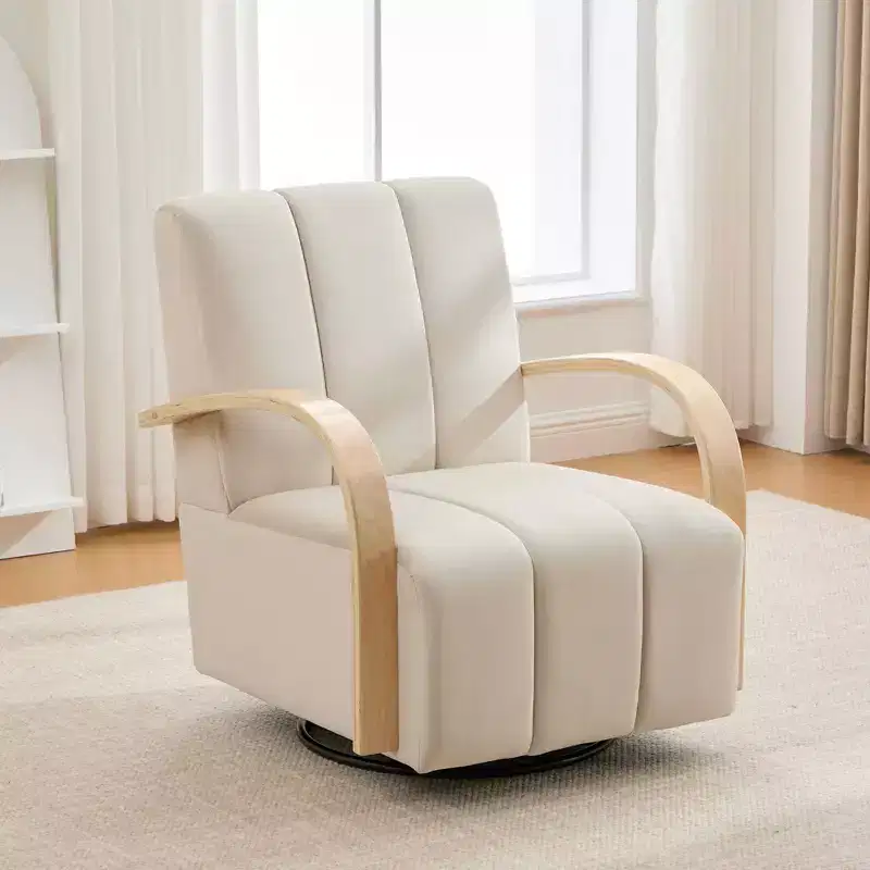 Mid-Century Upholstered Swivel Lounge Chair with Solid Wood Armrests, Accent Chair for Living Room