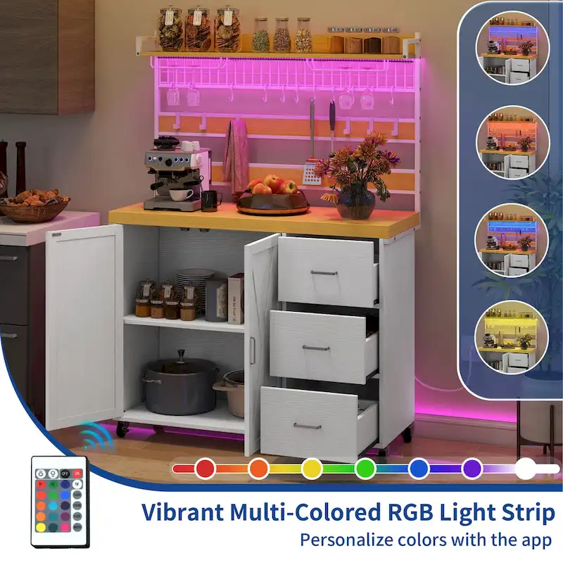 Moasis Large Rolling Kitchen Island Bakers Rack with Power Outlet, LED Light & Tall Shelf