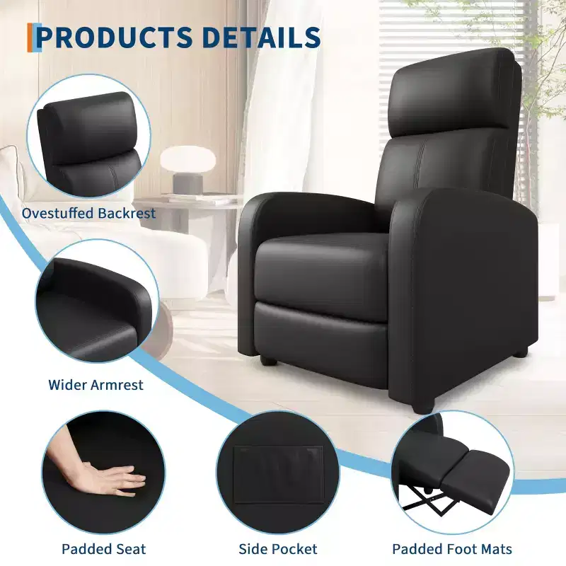 PU Leather Recliner Chair with Side Pocket, Tall Back & Wide Padded Arms - Single Seater Home Theater Seat
