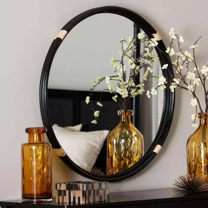 Round Handcrafted Rattan Wall Mirror – Boho Natural Frame, 29.7