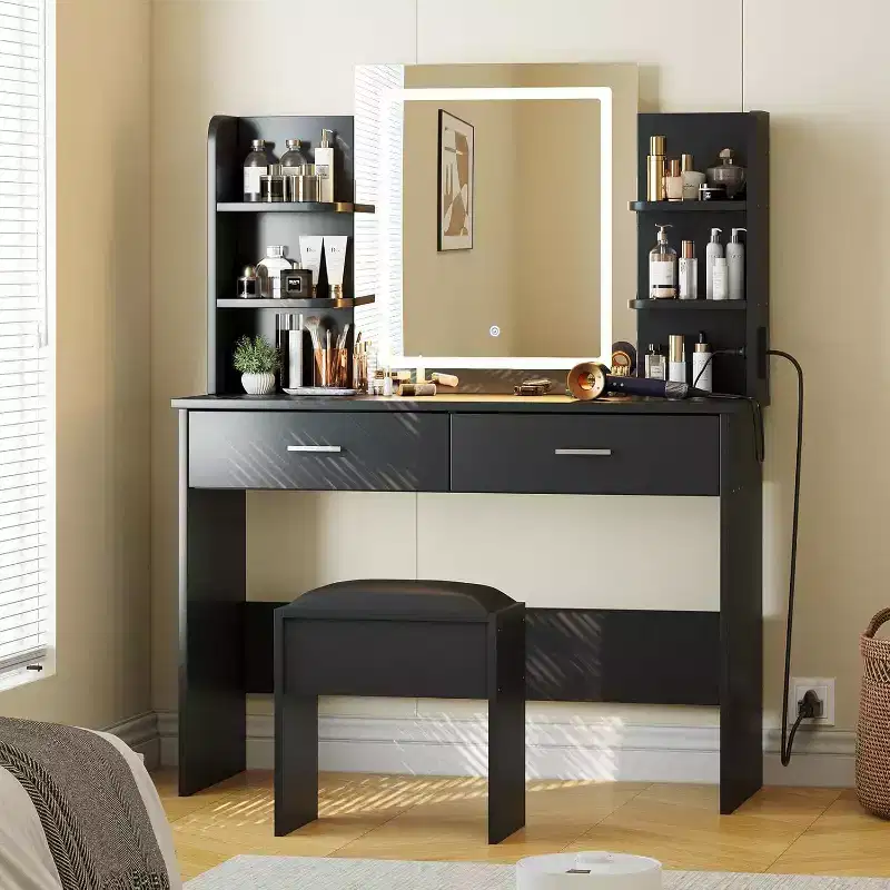 Vanity Desk with Lighted Mirror, Stool, Power Outlet, 6 Shelves & 2 Drawers, 3-Color LED, Black