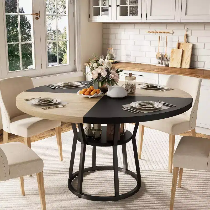 47 in Inch Round Dining Table for 4, Farmhouse Dining Room Circle Dinner Table,Space Saving Wood Kitchen & Dining Room Furniture, Round Tables
