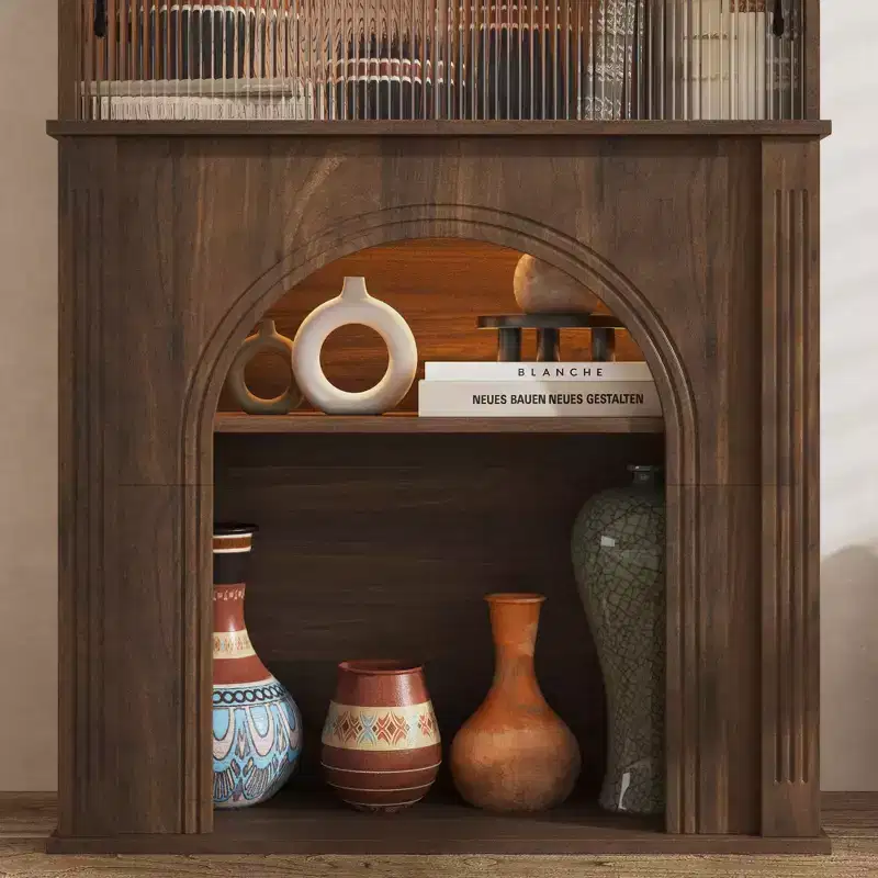 Famapy Dark Walnut Accent Cabinet with Fluted Glass & Adjustable LED Lighting