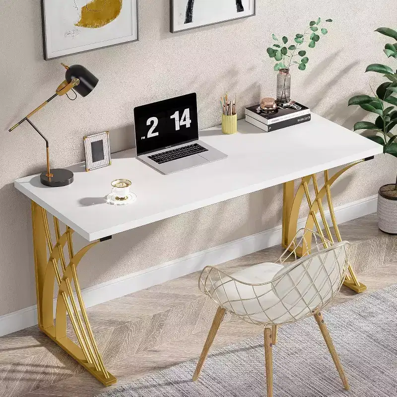 55-Inch Large Modern Computer Desk, White & Gold Luxury Laptop PC and Makeup Vanity Table with Thick Frame for Home and Office