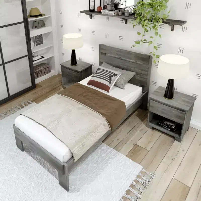 Farmhouse Twin Solid Wood Platform Bed with Slatted Plank Headboard