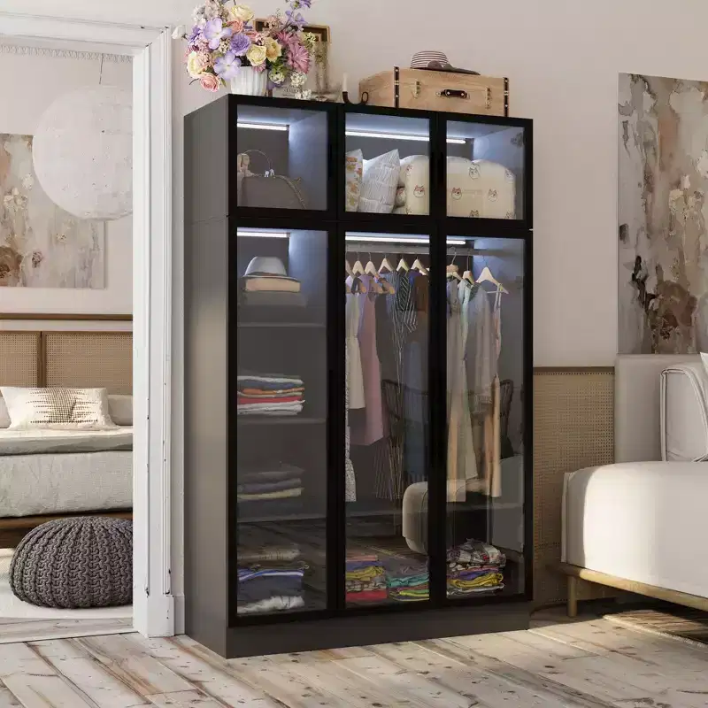 Display Cabinet Armoire with LED Light, Glass Doors, Closet Wardrobe, Black