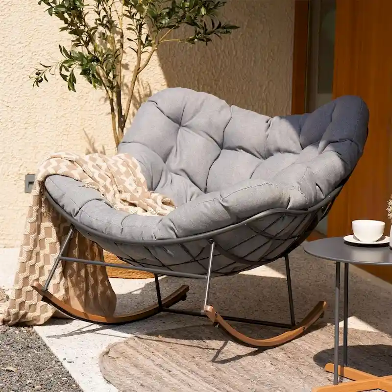 Giant Patio Rocking Chair, Indoor Outdoor Egg Freestyle Chair with Cushion Upholstered Modern Lounge Chair for, Garden, Backyard