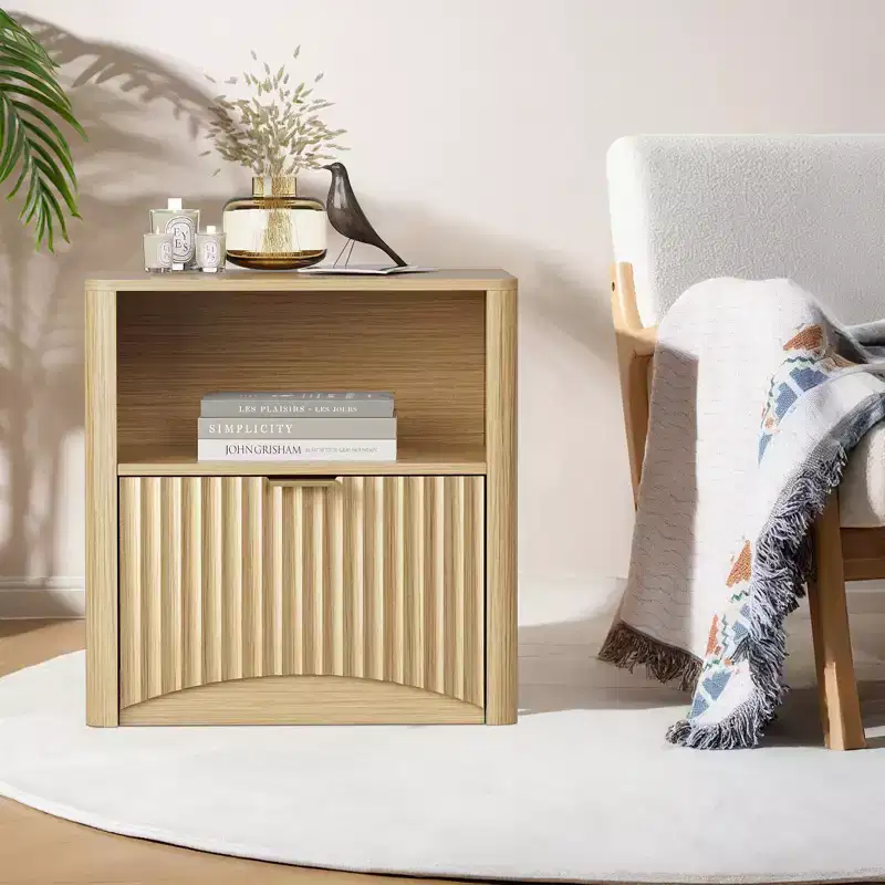 Fluted Design | 23 Inch Oak Bedside Table  Waterproof Wooden Modern Bedside Table with Drawer & Storage  Bedroom Furniture  Light Oak Color 2pcs