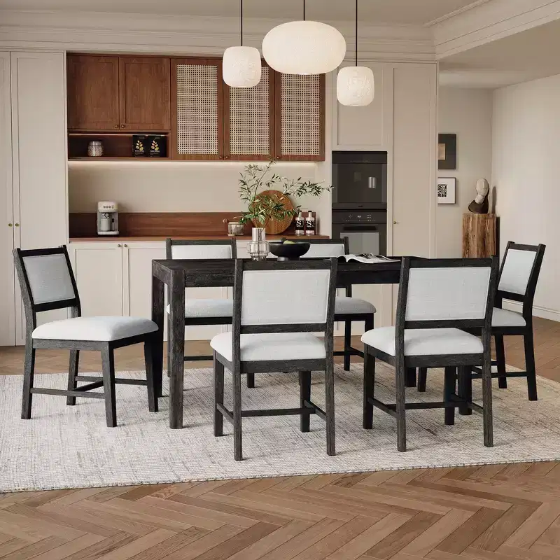 Whisen Mid-Century 7-Piece Dining Table Set for 6, Wood Table & Comfy Upholstered Chairs