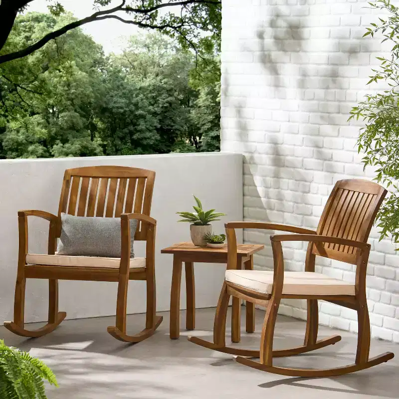 Selma 3pc Acacia Wood Rocking Chair w/ Cushion & Acacia Side Table - Teak - Christopher Knight Home: Weather-Resistant, Patio Chat Set