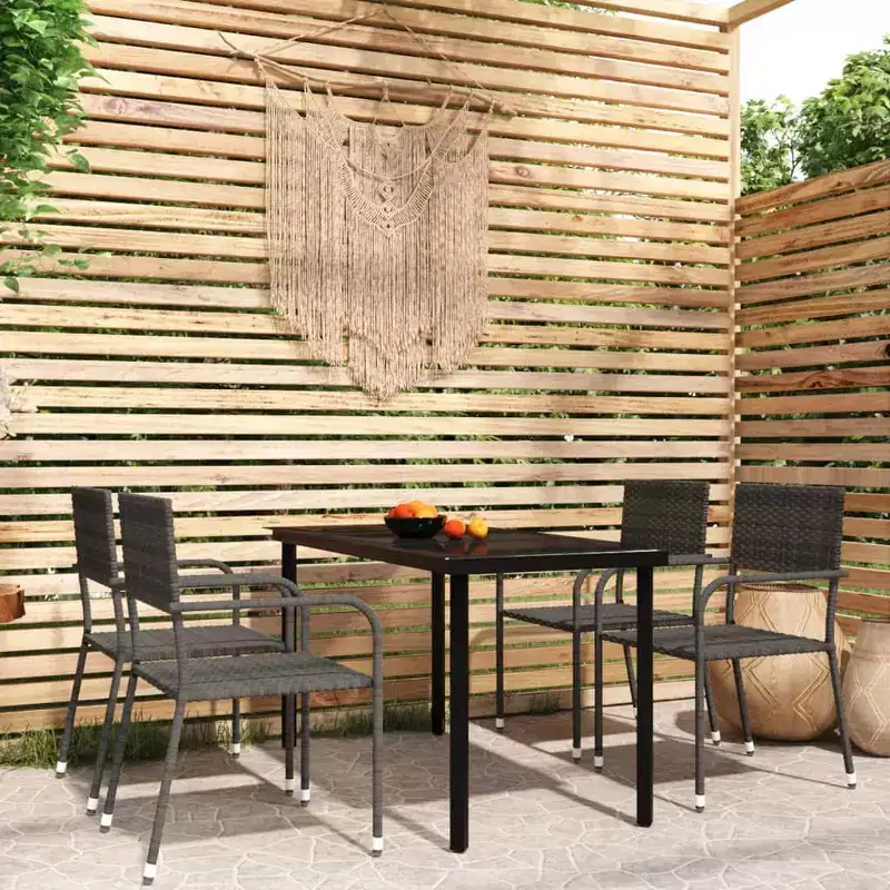vidaXL Garden Dining Set Black Steel, PE Rattan Standard Stackable - Gray 55.1 Table Length 4 Piece