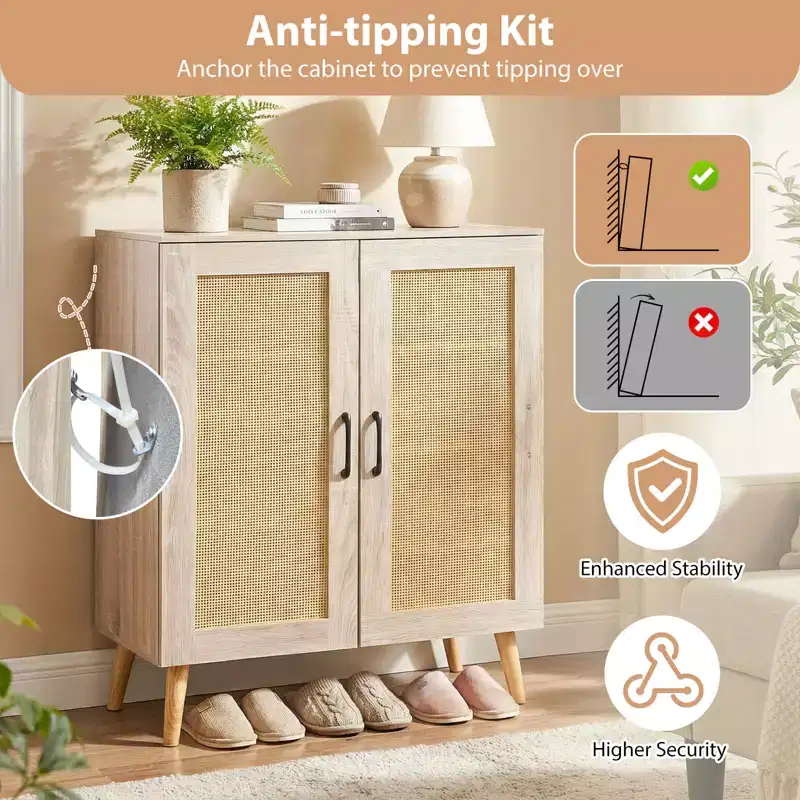 Costway Rattan Shoe Cabinet with 3 Removable Shelves,5-Tier Narrow Cabinet Wood Legs, Walnut/Natural