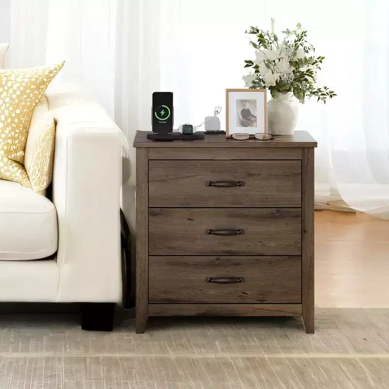 Farmhouse Nightstand with Charging Station - 3-Drawer Bedside Table with USB Ports