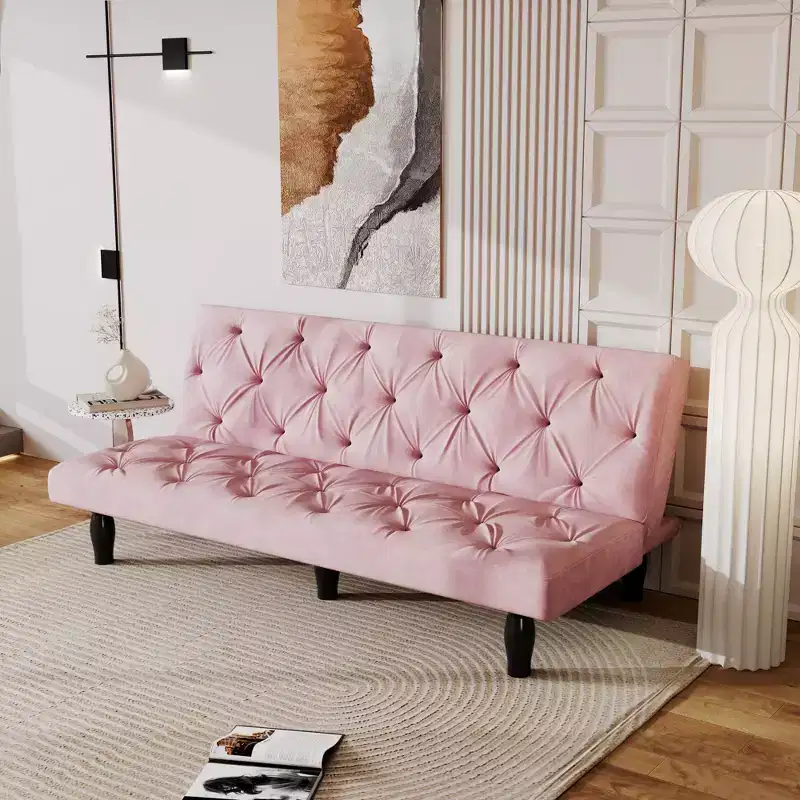 Velvet Transformation Sofa Bed for Family Living Room Apartment Bedroom Pink